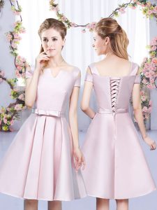 Baby Pink Lace Up Court Dresses for Sweet 16 Bowknot Sleeveless Mini Length