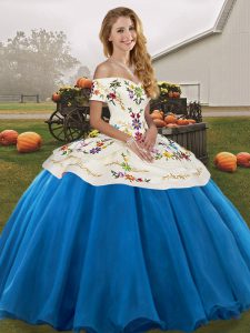 Customized Floor Length Blue And White Quinceanera Gown Tulle Sleeveless Embroidery