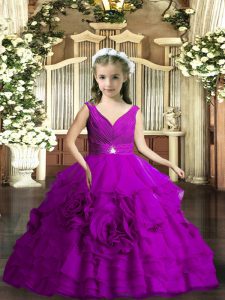 Super Purple Ball Gowns Beading and Ruching Little Girls Pageant Dress Backless Organza Sleeveless Floor Length