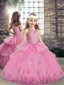 Lilac Ball Gowns Tulle Scoop Sleeveless Beading and Appliques Floor Length Lace Up Little Girls Pageant Dress Wholesale