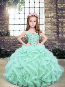 Apple Green Lace Up Straps Beading and Ruffles Girls Pageant Dresses Tulle Sleeveless