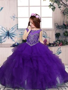 Purple Scoop Neckline Beading and Ruffles Little Girls Pageant Dress Sleeveless Zipper