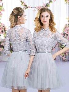 Grey Empire Tulle High-neck Half Sleeves Lace and Belt Mini Length Zipper Dama Dress for Quinceanera