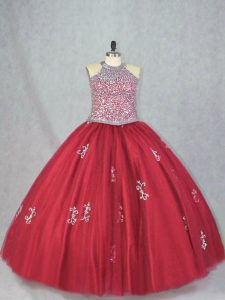 Red Sleeveless Tulle Lace Up Quinceanera Gowns for Sweet 16 and Quinceanera