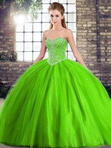 Glamorous Sleeveless Beading Lace Up Quince Ball Gowns with Brush Train