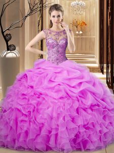 Attractive Lilac Ball Gowns Organza Scoop Sleeveless Beading and Pick Ups Floor Length Lace Up Quinceanera Gown