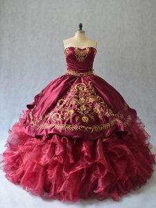 Burgundy Sleeveless Brush Train Beading and Embroidery Quince Ball Gowns