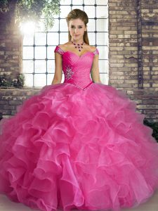 Designer Rose Pink Off The Shoulder Neckline Beading and Ruffles Sweet 16 Quinceanera Dress Sleeveless Lace Up