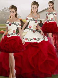 Artistic White And Red 15 Quinceanera Dress Military Ball and Sweet 16 and Quinceanera with Embroidery and Ruffles Off The Shoulder Sleeveless Lace Up