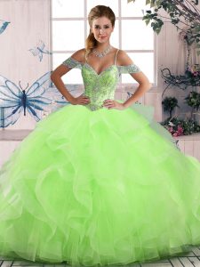 Romantic Floor Length 15th Birthday Dress Tulle Sleeveless Beading and Ruffles