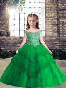 Pretty Green Ball Gowns Off The Shoulder Sleeveless Tulle Floor Length Lace Up Beading and Lace and Appliques Little Girls Pageant Gowns