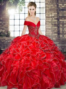 Red Ball Gowns Beading and Ruffles Sweet 16 Dresses Lace Up Organza Sleeveless Floor Length