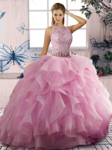 Pink Sleeveless Floor Length Beading and Ruffles Zipper Quinceanera Dresses