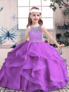 Custom Fit Ball Gowns Little Girls Pageant Dress Purple Scoop Tulle Sleeveless Floor Length Lace Up