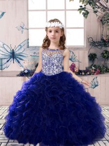 Floor Length Royal Blue Little Girls Pageant Dress Wholesale Organza Sleeveless Beading and Ruffles