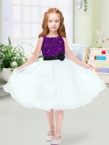 White Scoop Zipper Sequins and Hand Made Flower Little Girls Pageant Dress Wholesale Sleeveless