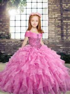 Straps Sleeveless Lace Up Little Girl Pageant Dress Lilac Organza