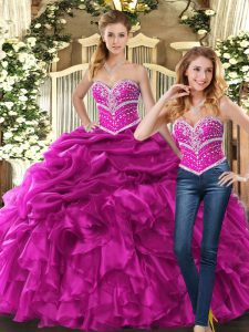 Luxury Fuchsia Sleeveless Floor Length Beading and Ruffles and Pick Ups Lace Up Quinceanera Dresses