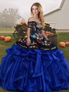 Blue And Black Off The Shoulder Lace Up Embroidery and Ruffles 15th Birthday Dress Sleeveless