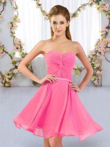 Luxurious Sleeveless Mini Length Ruching Lace Up Dama Dress with Rose Pink