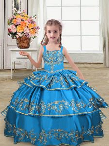 Customized Floor Length Blue Little Girls Pageant Dress Wholesale Straps Sleeveless Lace Up