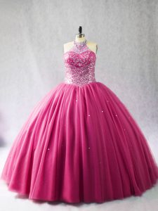 Hot Pink Tulle Lace Up Quinceanera Dresses Sleeveless Brush Train Beading