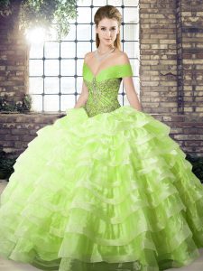 Sexy Lace Up Sweet 16 Dress Yellow Green for Military Ball and Sweet 16 and Quinceanera with Beading and Ruffled Layers Brush Train