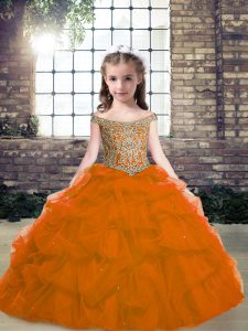 Organza Off The Shoulder Sleeveless Lace Up Beading Pageant Dresses in Orange Red