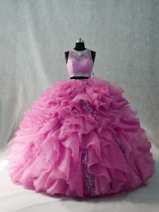 Romantic Brush Train Beading and Ruffles Quince Ball Gowns