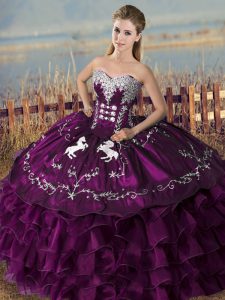 Affordable Sleeveless Floor Length Embroidery and Ruffles Lace Up Quinceanera Dresses with Purple