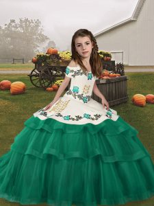 Sleeveless Tulle Floor Length Lace Up Little Girl Pageant Gowns in Turquoise with Embroidery and Ruffled Layers