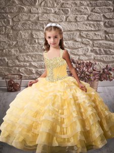 Gorgeous Gold Tulle Lace Up Kids Pageant Dress Sleeveless Brush Train Beading and Ruffled Layers