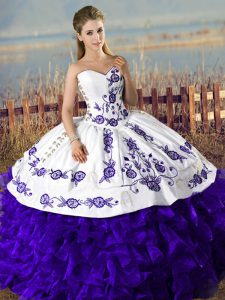 Charming Purple Ball Gowns Satin and Organza Sweetheart Sleeveless Embroidery Floor Length Lace Up Quinceanera Dresses