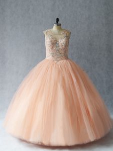 Sleeveless Tulle Floor Length Lace Up Sweet 16 Dresses in Peach with Beading