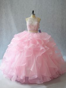 Great Sleeveless Beading and Ruffles Backless Quinceanera Dress with Baby Pink Brush Train