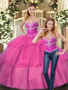 Charming Sweetheart Sleeveless 15 Quinceanera Dress Floor Length Beading Hot Pink Tulle