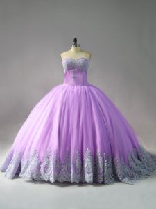 Lilac Sweetheart Lace Up Appliques Sweet 16 Dresses Court Train Sleeveless