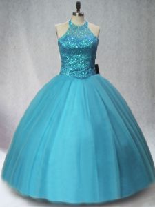 Sleeveless Tulle Floor Length Lace Up Quinceanera Gowns in Teal with Beading