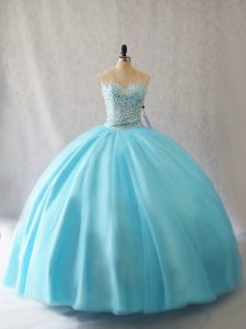 Aqua Blue Tulle Lace Up 15th Birthday Dress Sleeveless Floor Length Beading