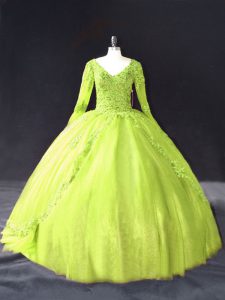 Custom Design Floor Length Yellow Green Quinceanera Gown V-neck Long Sleeves Lace Up