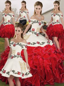 Sleeveless Floor Length Embroidery and Ruffles Lace Up Quince Ball Gowns with White And Red