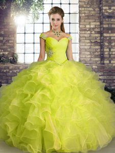 Yellow Green Off The Shoulder Neckline Beading and Ruffles Quinceanera Gowns Sleeveless Lace Up