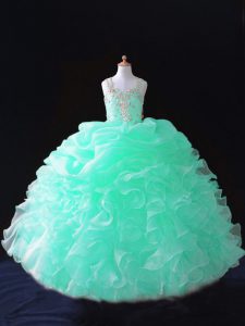 Perfect Sleeveless Floor Length Beading and Ruffles and Pick Ups Zipper Child Pageant Dress with Apple Green