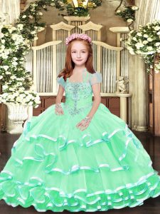 Tulle Straps Sleeveless Lace Up Beading and Ruffled Layers Little Girls Pageant Dress in Apple Green