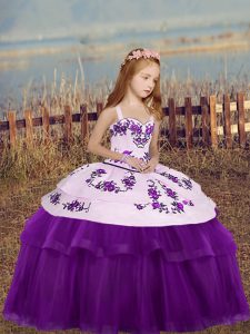 Eggplant Purple Straps Lace Up Embroidery Child Pageant Dress Sleeveless