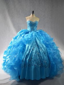 Custom Fit Baby Blue 15 Quinceanera Dress Sweet 16 and Quinceanera with Embroidery and Ruffles Sweetheart Sleeveless Lace Up