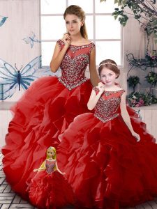 On Sale Red Sleeveless Beading and Ruffles Floor Length 15 Quinceanera Dress