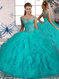 Discount Sleeveless Brush Train Lace Up Beading and Ruffles Quince Ball Gowns