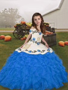 Blue Straps Neckline Embroidery and Ruffles Little Girls Pageant Dress Sleeveless Lace Up