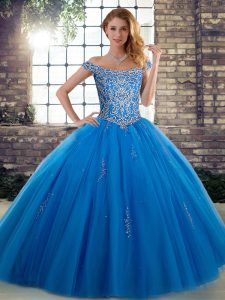 Super Blue Lace Up Quinceanera Gown Beading Sleeveless Floor Length